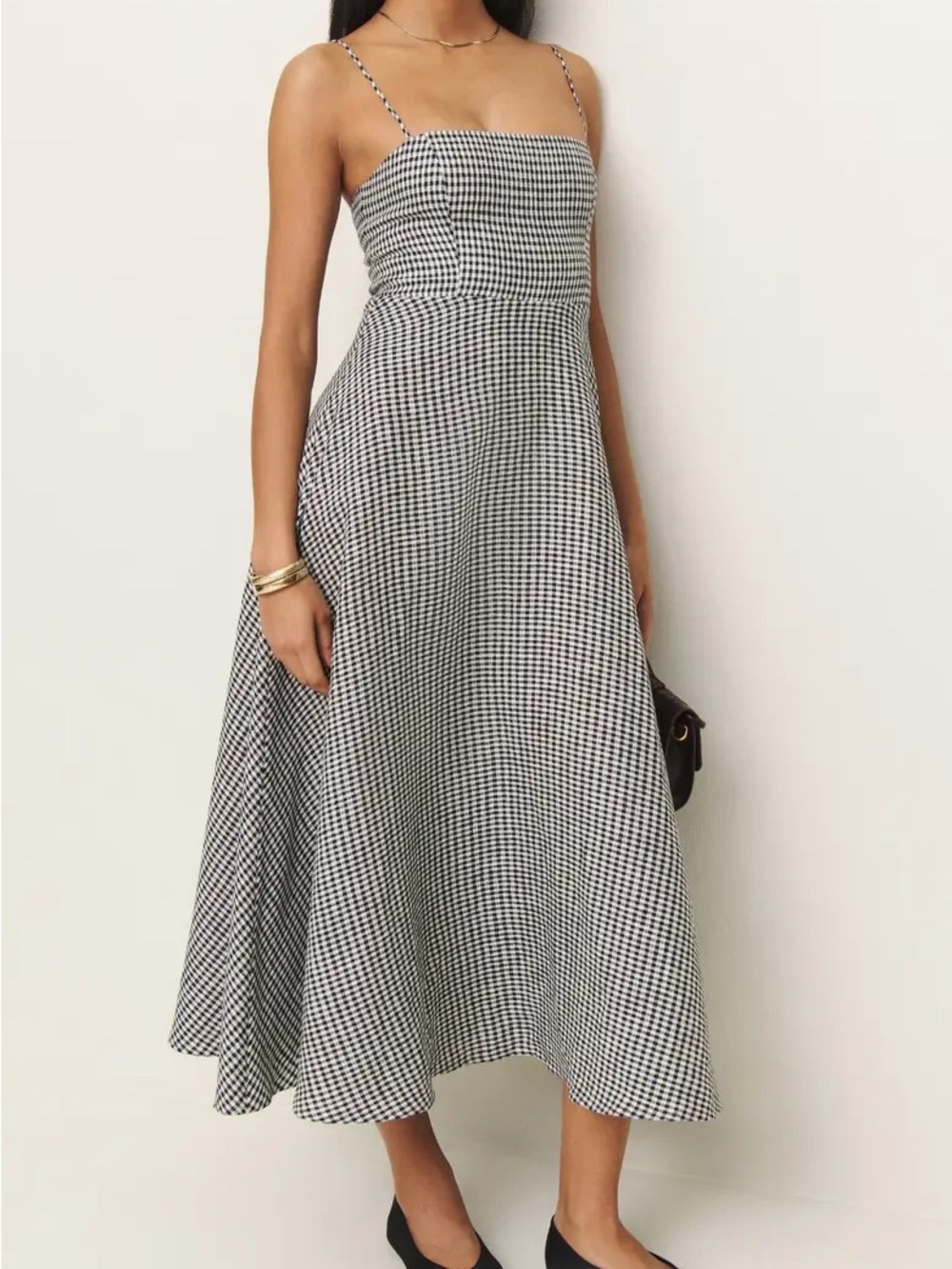 Reformation Monette Linen Midi Dress in Black Gingham - Size 2